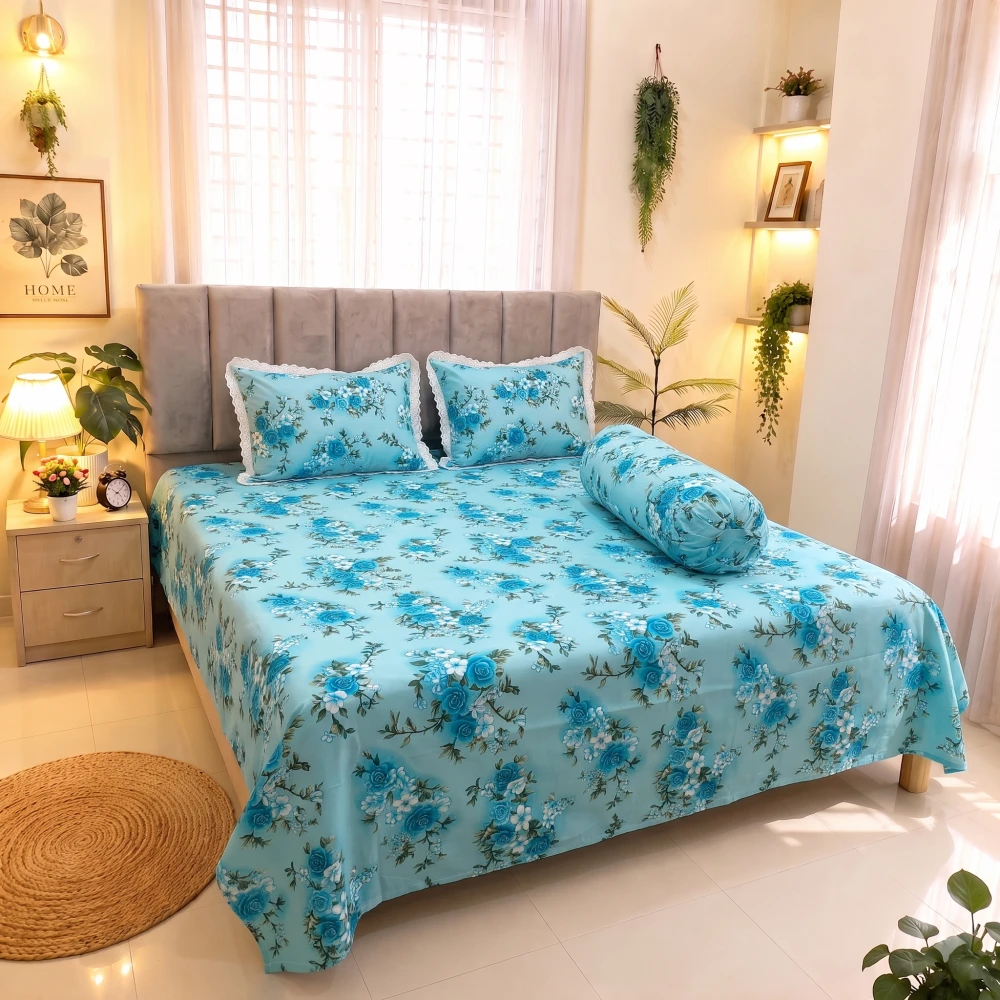 Cyan Blue Garden Dream Premium Cotton Bedsheet Set with Lace Pillow Covers (02)