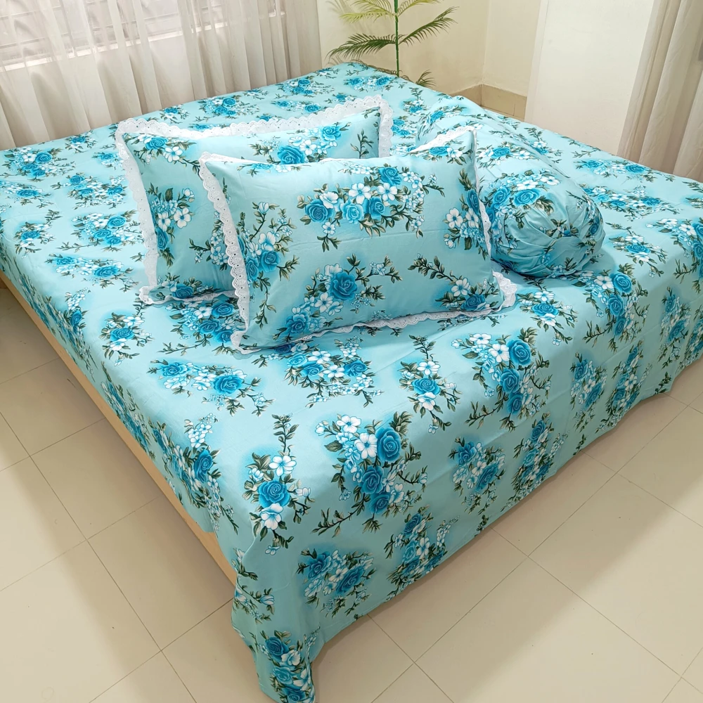 Cyan Blue Garden Dream Premium Cotton Bedsheet Set with Lace Pillow Covers (02)